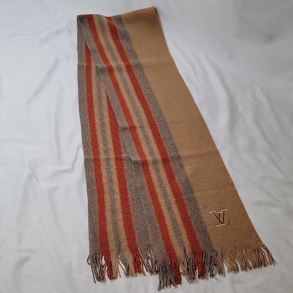 Louis Vuitton Tan, Rust, & Gray Striped Wool Scarf
